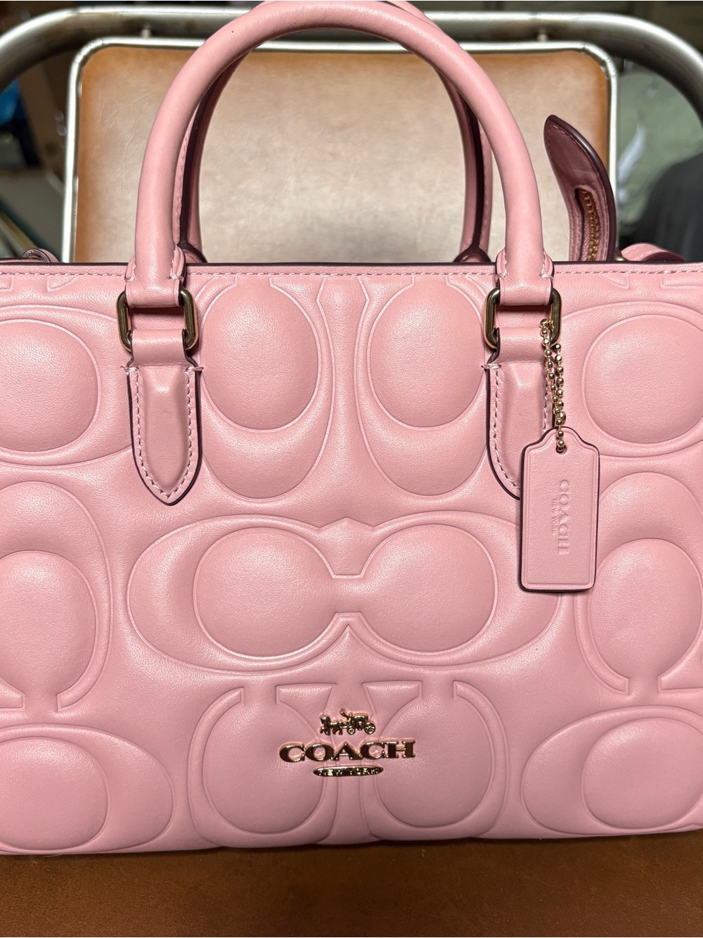 Maggie Small Tote Bag In Signature Leather in Gold/Pink Petal